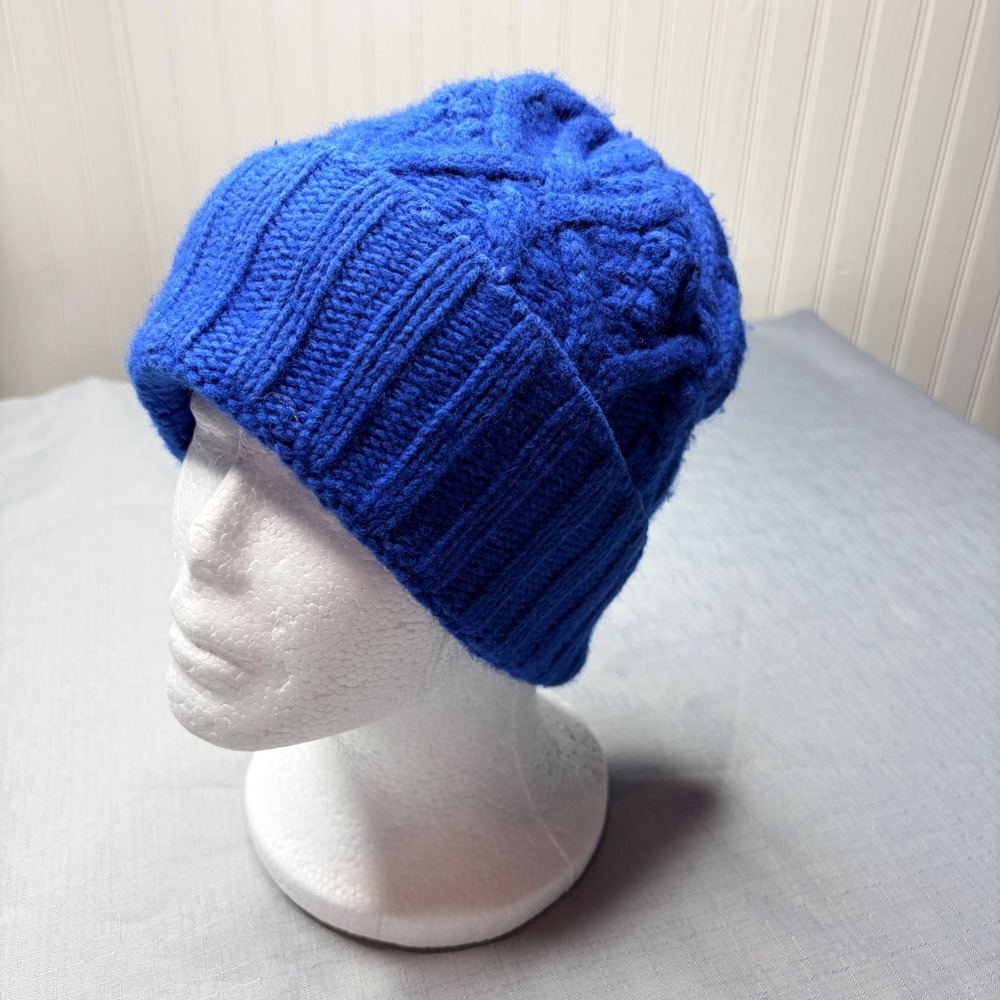 American Eagle Beanie Hat OS Blue Cable Knit Fold Over Cuff Winter Cap